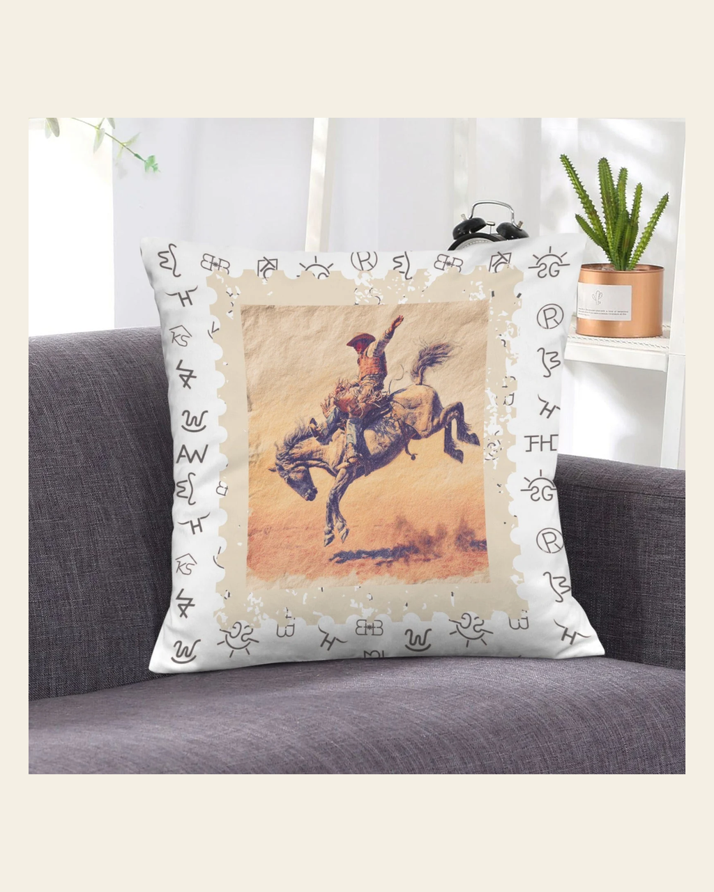 Baha Ranch Stamped Rodeo Cowboy Velvety Soft Pillow Case Made in America on a warm cream background