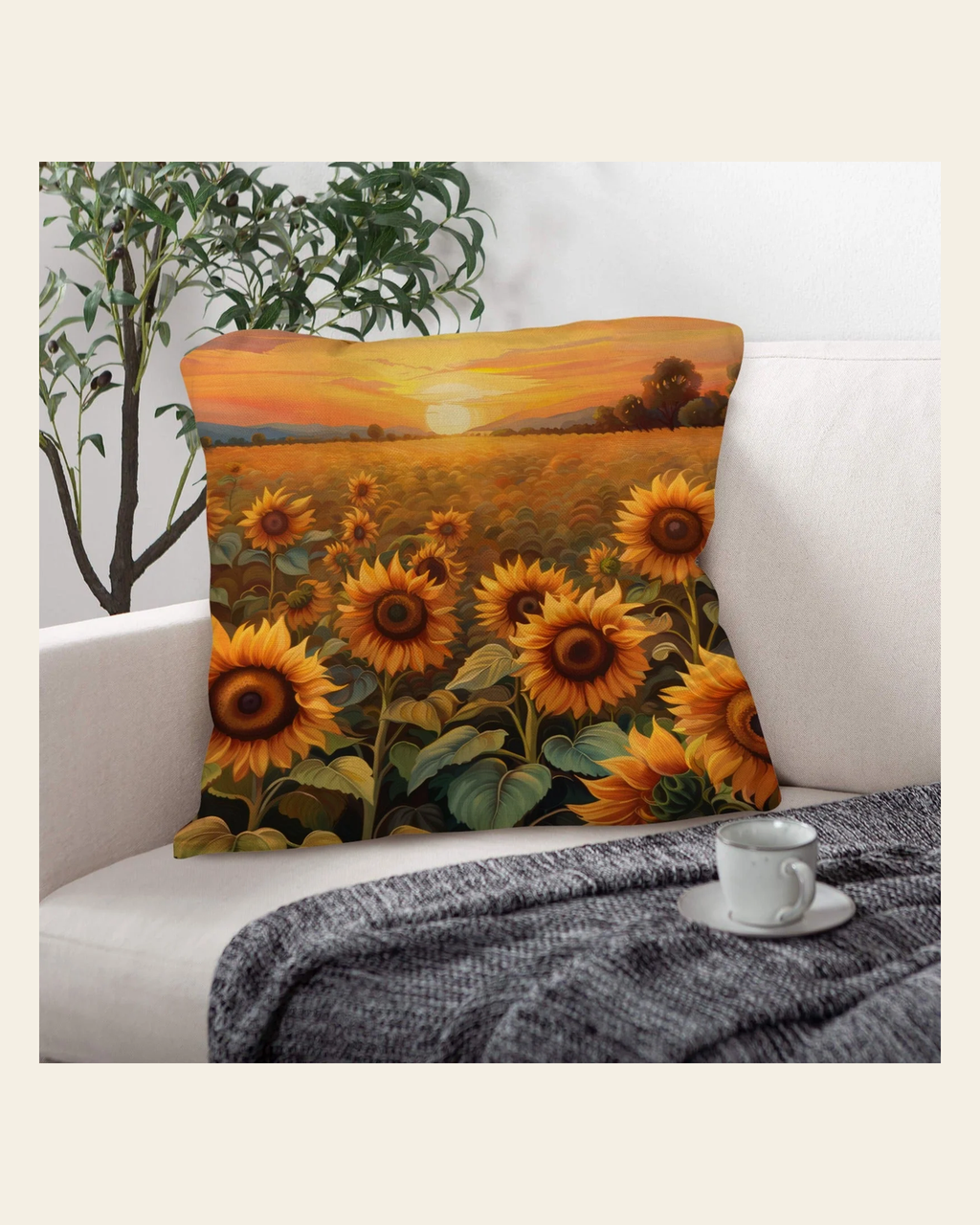 Baha Ranch Sunflower Field Throw Pillow Case Made in America on a warm cream background