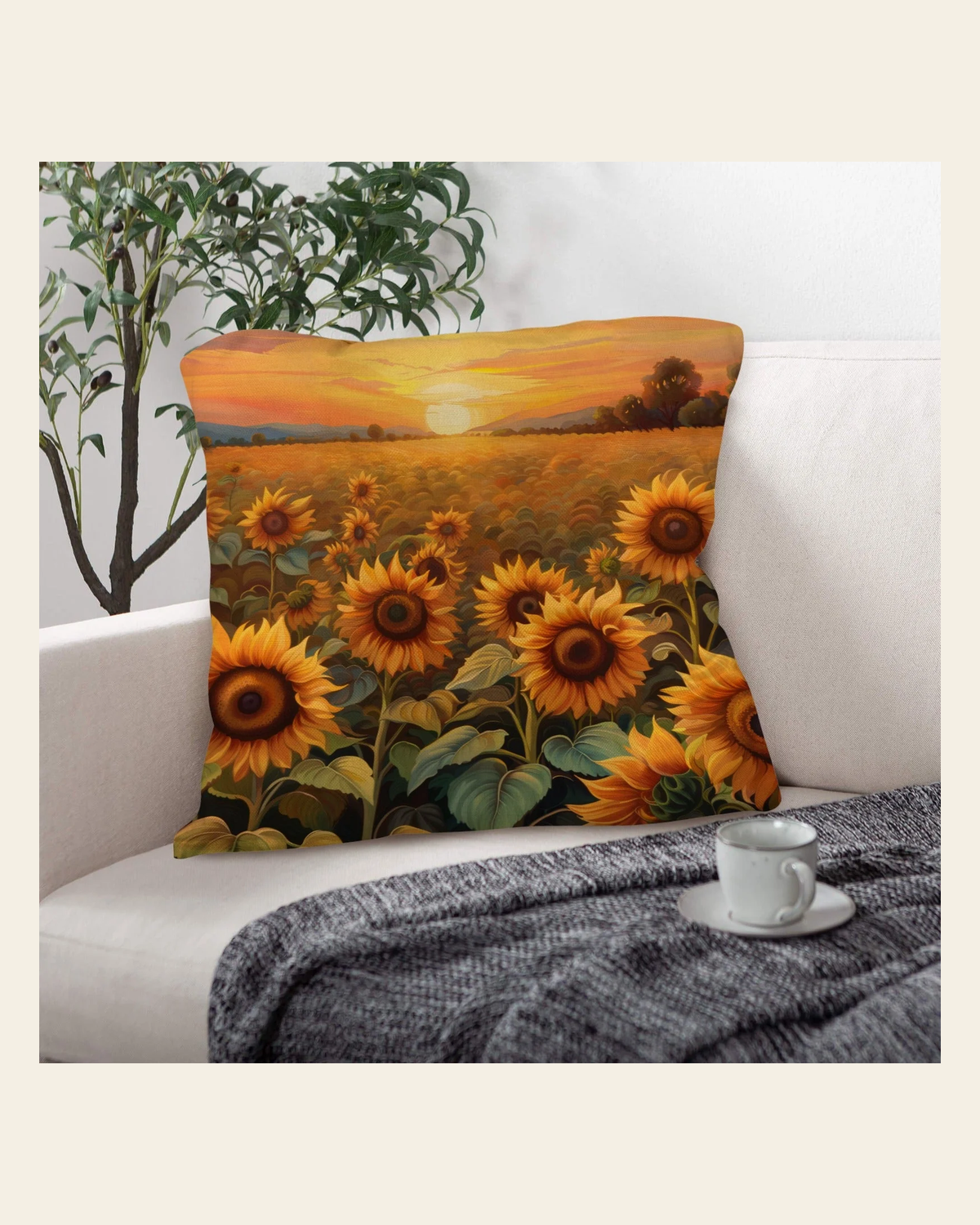 Baha Ranch Sunflower Field Throw Pillow Case Made in America on a warm cream background