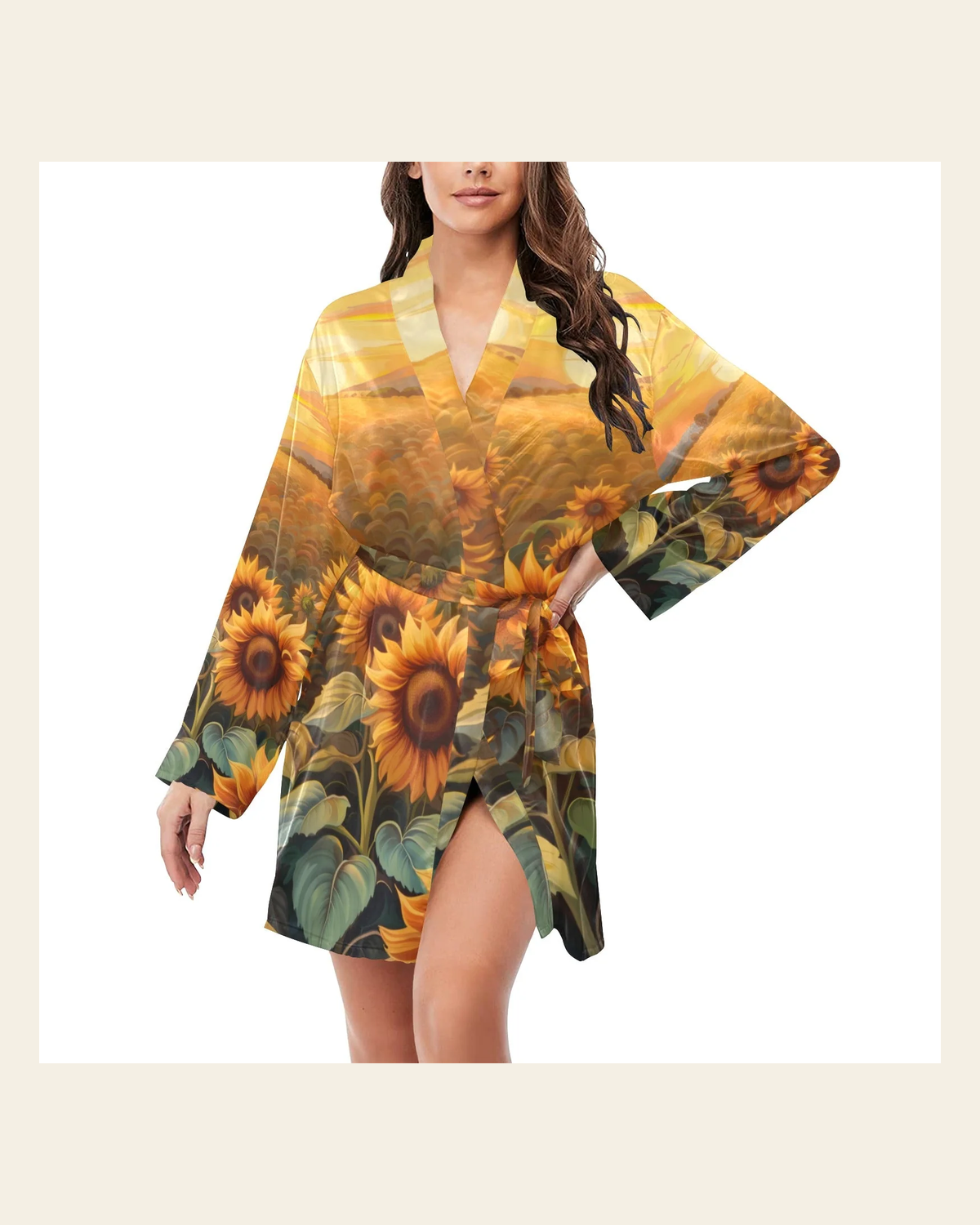 Baha Ranch Sunflower Field Women's Long Sleeve Belted Satin Feel Dressing Lounge Robe on a warm cream background