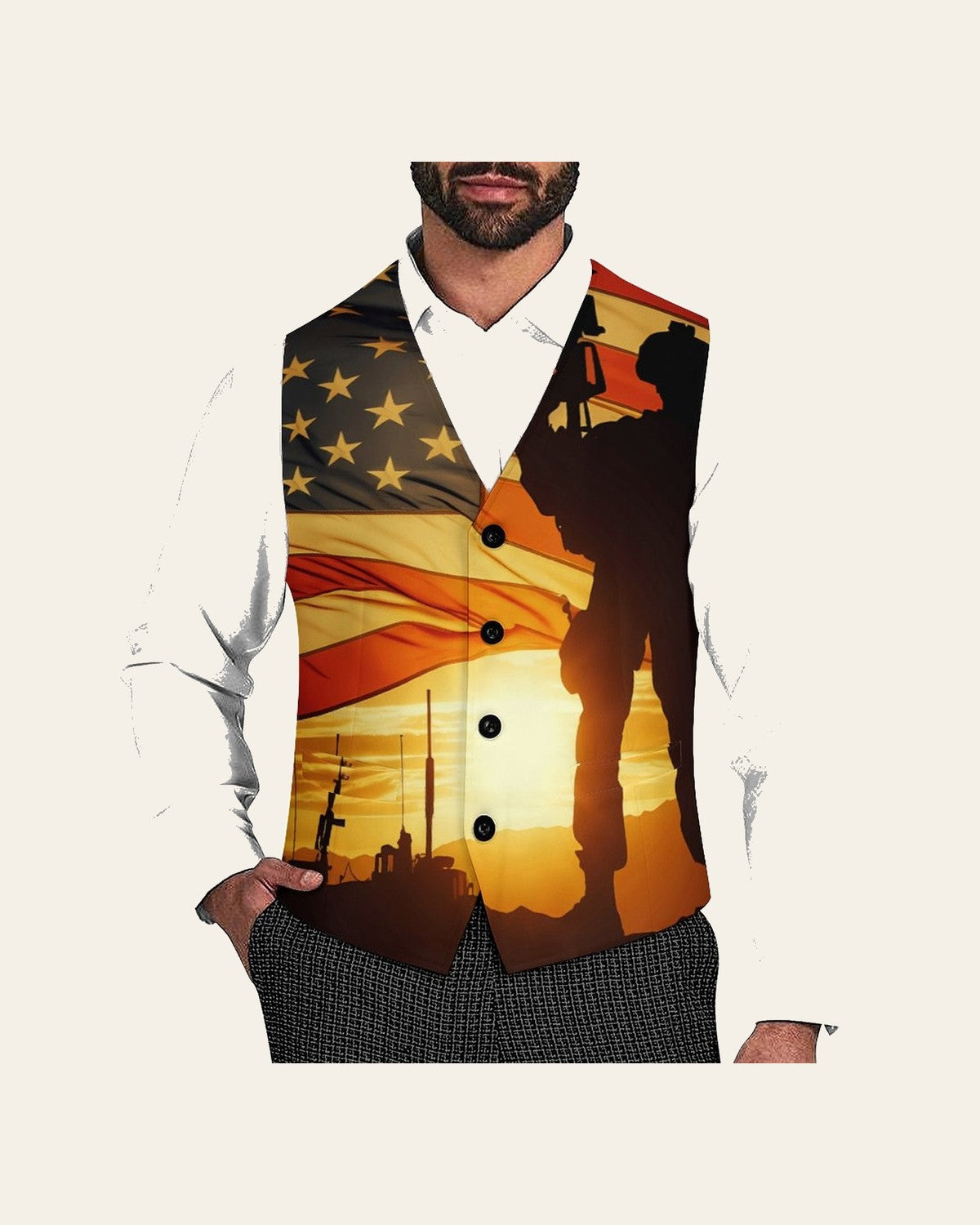 Baha Ranch Sunrise Patriot Men's Vest on a warm cream background