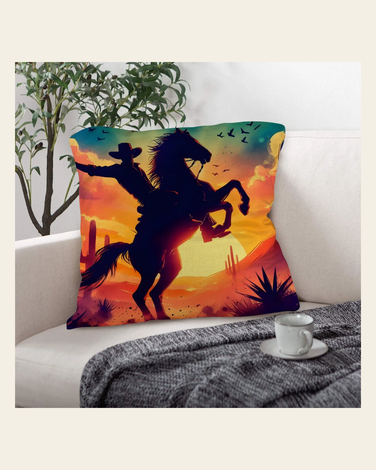 Baha Ranch Sunset Cowboy Pillow Case Made in America on a warm cream background
