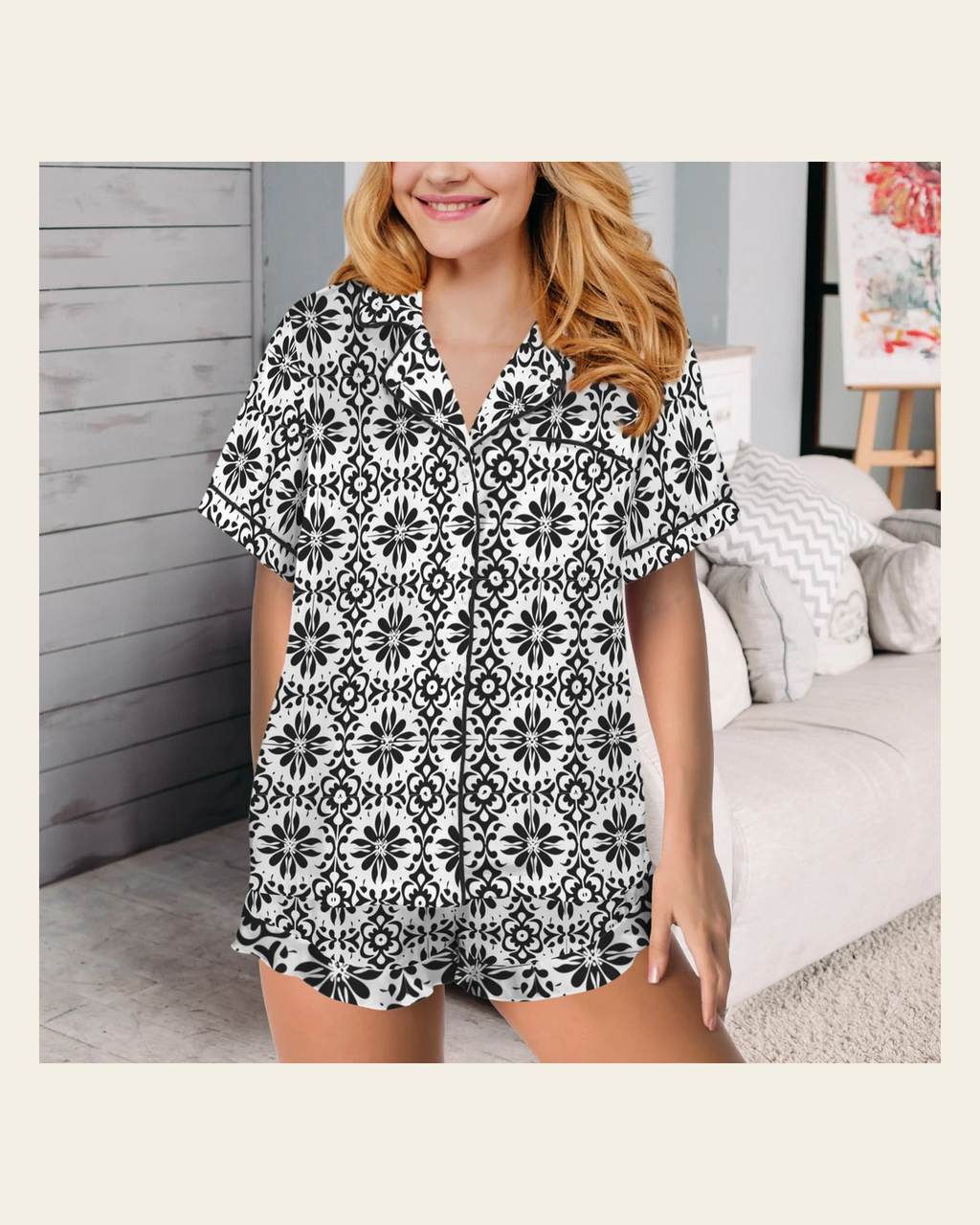 Baha Ranch Talavera Tile Mexican Print Southwest Satin Pajamas on a warm cream background