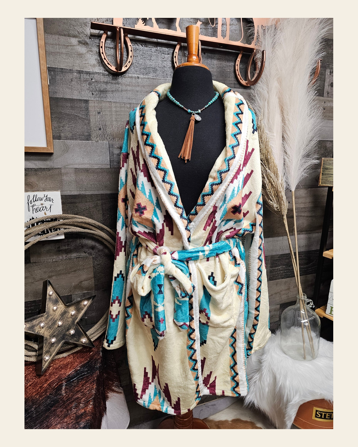 Baha Ranch Taos Aztec Women's Bath Robe on a warm cream background
