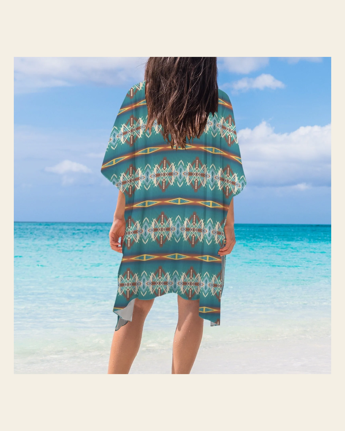 Baha Ranch Teal Aztec Duster Kimono Coverup on a warm cream background