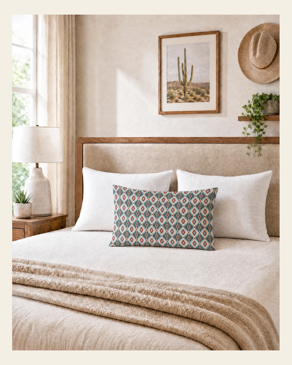 Baha Ranch Teal Aztec Pillowcase Made in America on a warm cream background