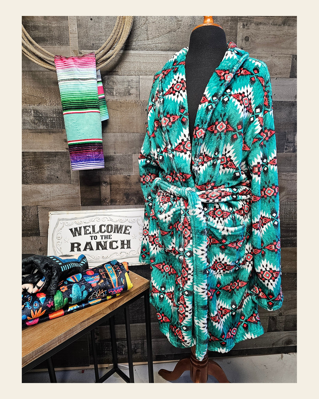 Baha Ranch Teal Aztec Women's Western Bath Robe on a warm cream background