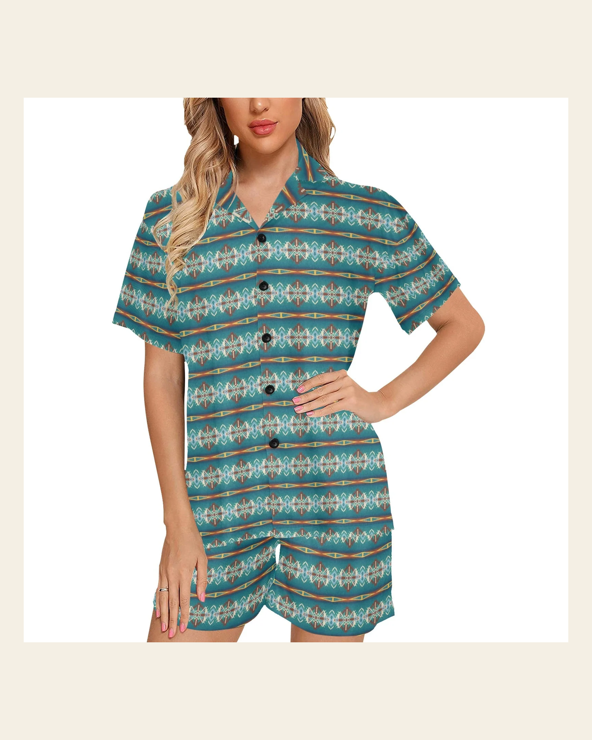 Baha Ranch Teal Aztec Women's Western Pajama Set on a warm cream background