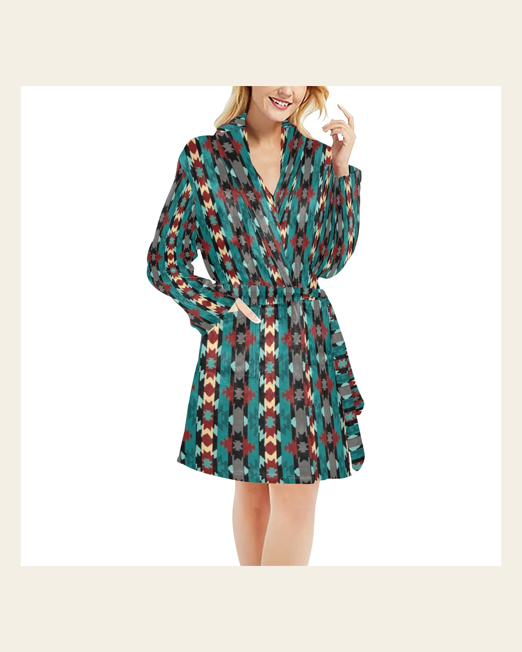 Baha Ranch Teal Aztec Women's Western Robe on a warm cream background