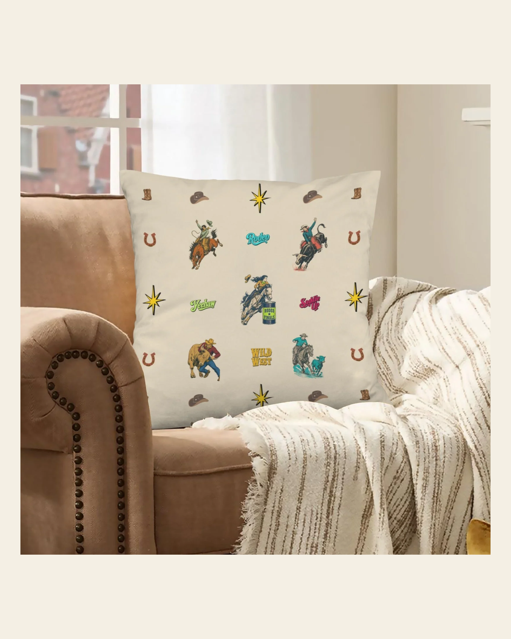 Baha Ranch The Last Round Up Throw Pillow Cover Made in America on a warm cream background