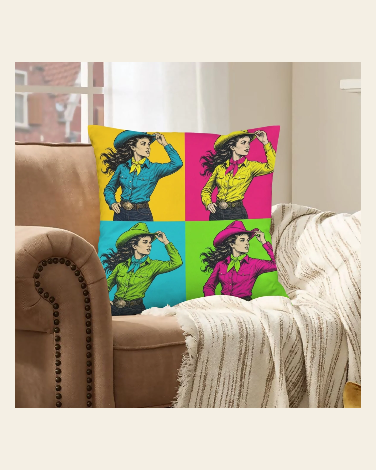 Baha Ranch The Last Roundup Barrel Racer Collage Velvety Soft Pillow Cover Made in America on a warm cream background