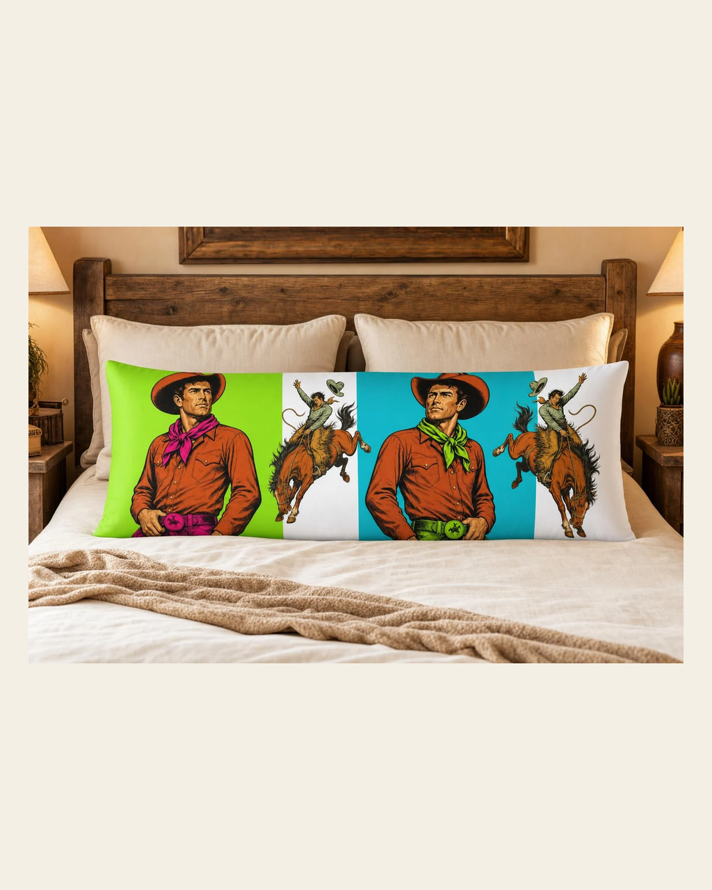 Baha Ranch The Last Roundup Bronc Rider Body Pillow Cover Made in America on a warm cream background