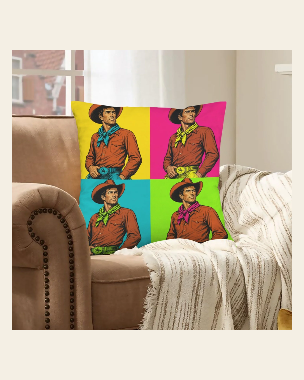 Baha Ranch The Last Roundup Bronc Rider Collage Throw Pillow Cover Made in America on a warm cream background