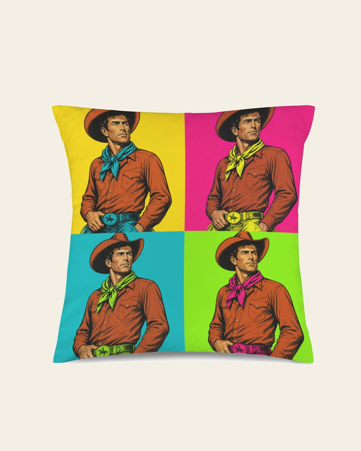 Baha Ranch The Last Roundup Bronc Rider Collage Throw Pillow Cover Made in America on a warm cream background