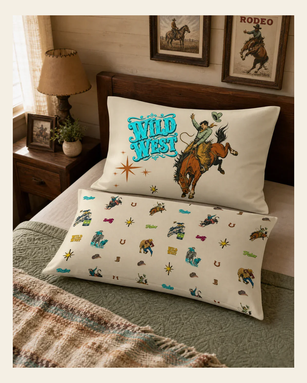 Baha Ranch The Last Roundup Bronc Rider Wild West Pillow Case Made in America on a warm cream background