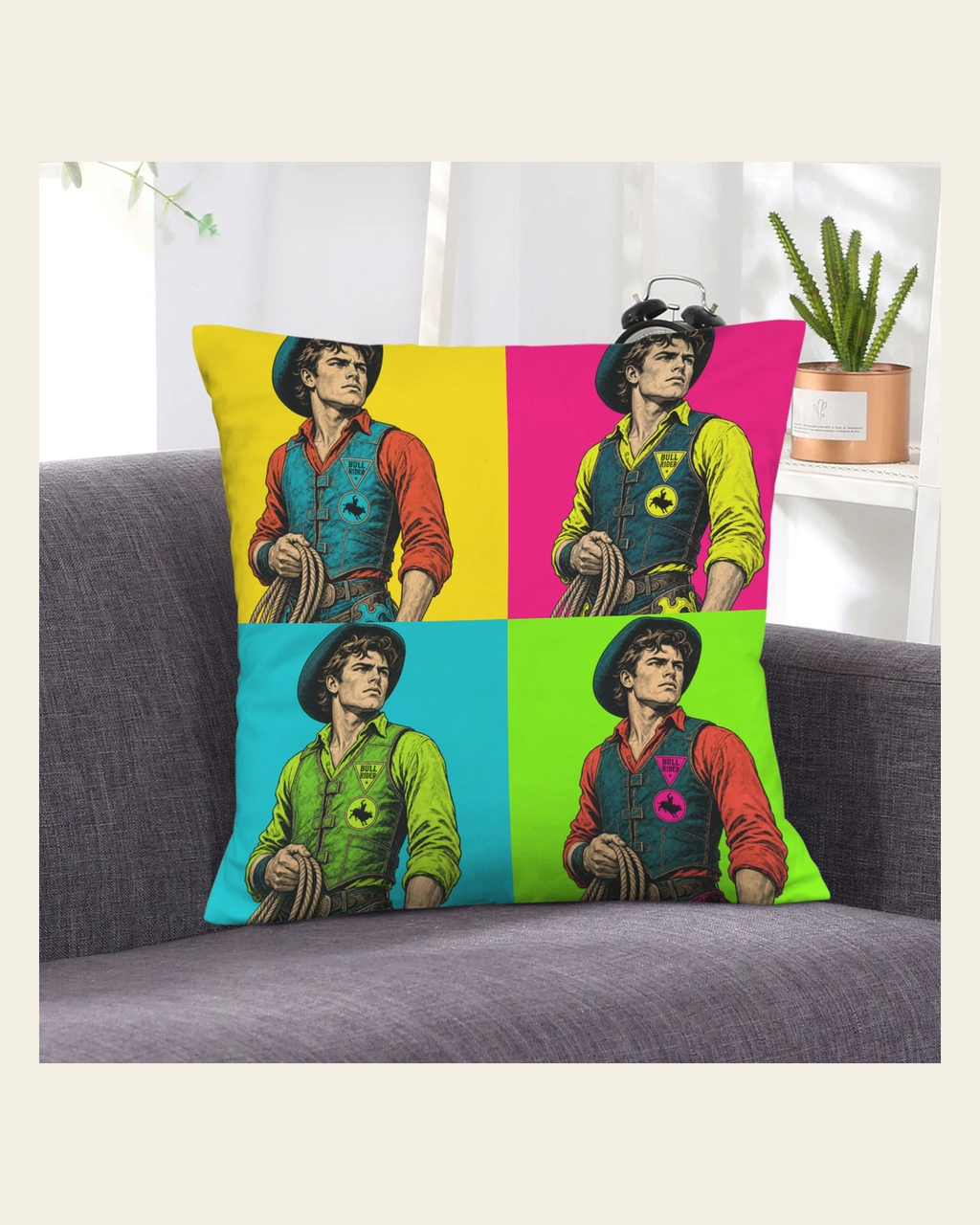 Baha Ranch The Last Roundup Bull Rider Collage Velvety Soft Pillow Cover Made in America on a warm cream background