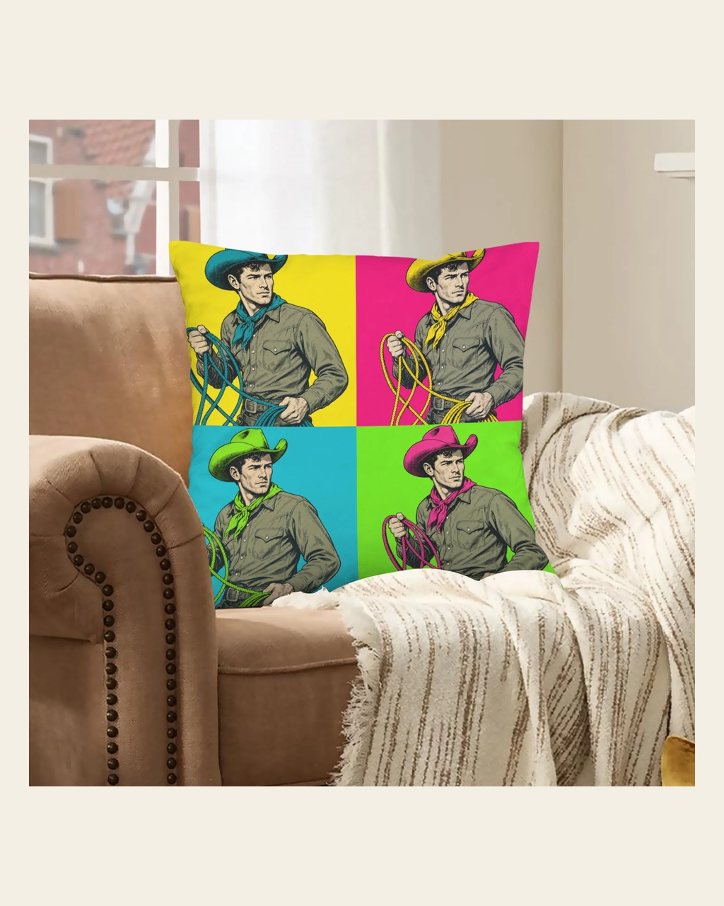 Baha Ranch The Last Roundup Calf Roper Velvety SOft Throw Pillow Cover Made in America on a warm cream background