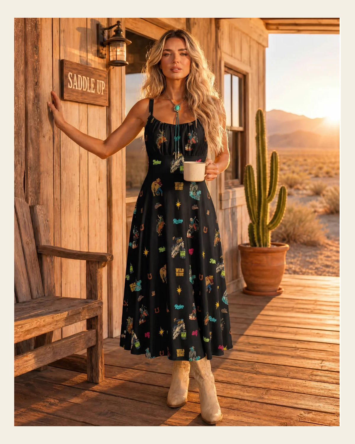Baha Ranch The Last Roundup Country Western Prairie Dress in black on a warm cream background