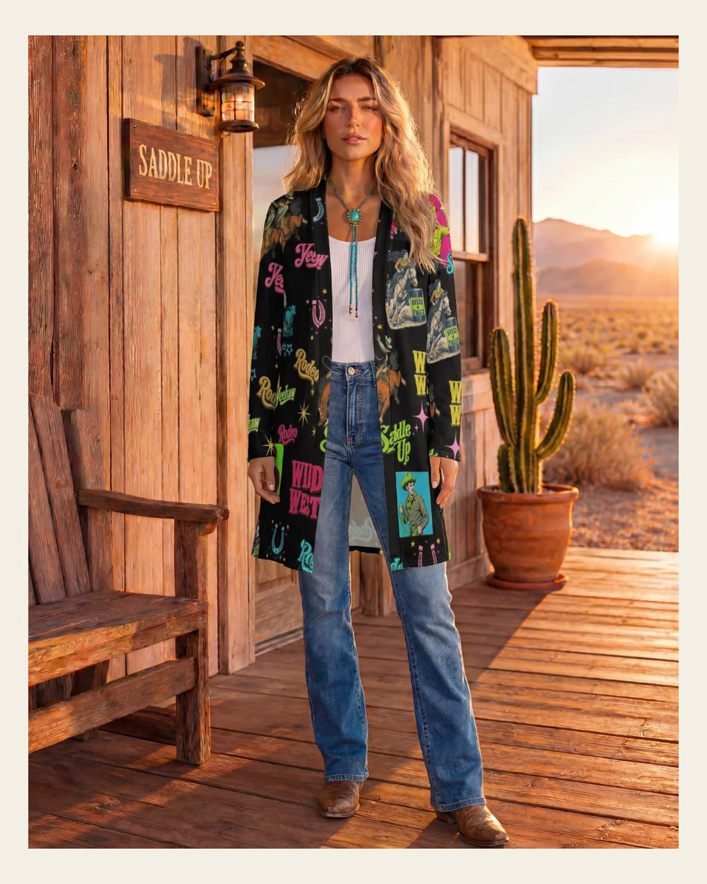 Baha Ranch The Last Roundup Lightweight Cardigan on a warm cream background