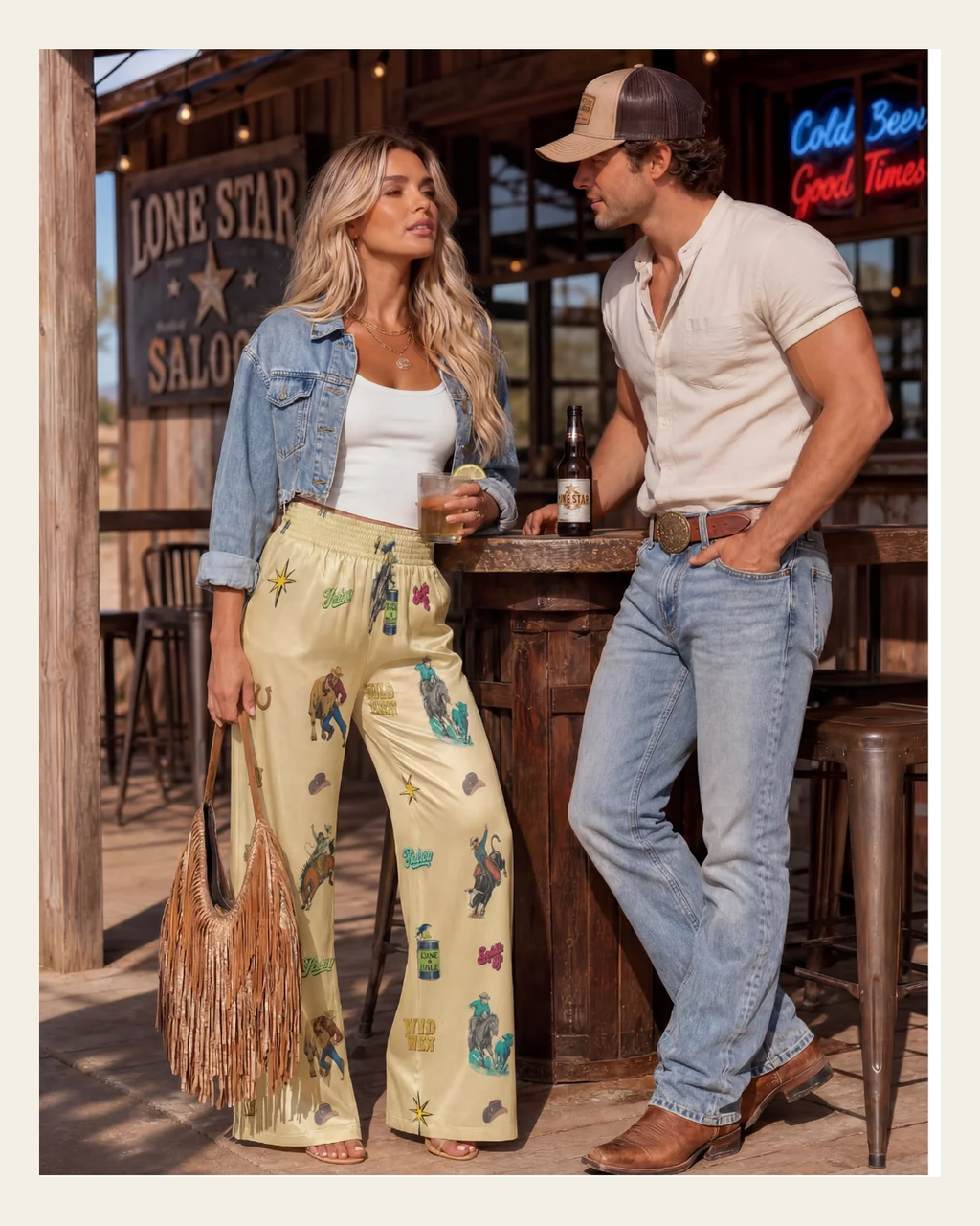 Baha Ranch The Last Roundup Rodeo High Waisted Wide Leg Pants on a warm cream background