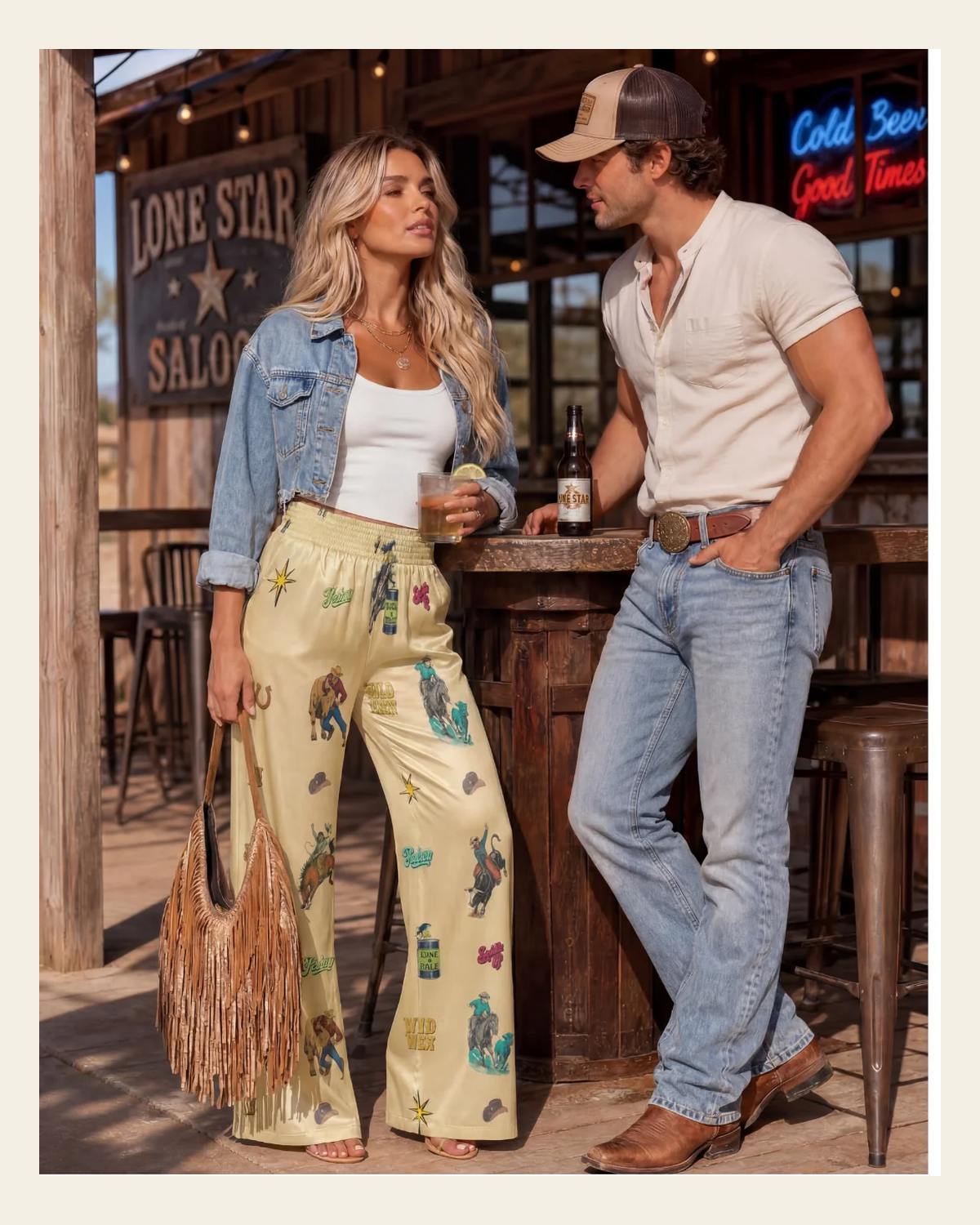 Baha Ranch The Last Roundup Rodeo High Waisted Wide Leg Pants on a warm cream background