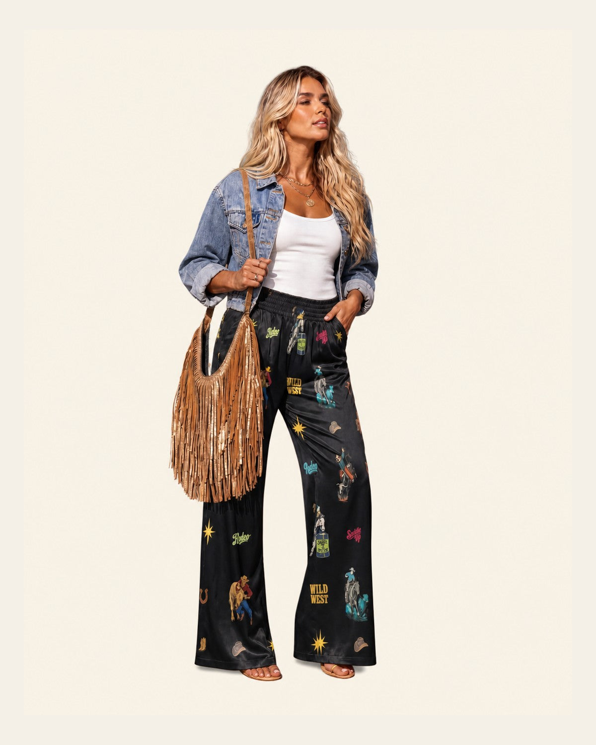 Baha Ranch The Last Roundup Rodeo High-Waisted Wide-Leg Pants - Black on a warm cream background