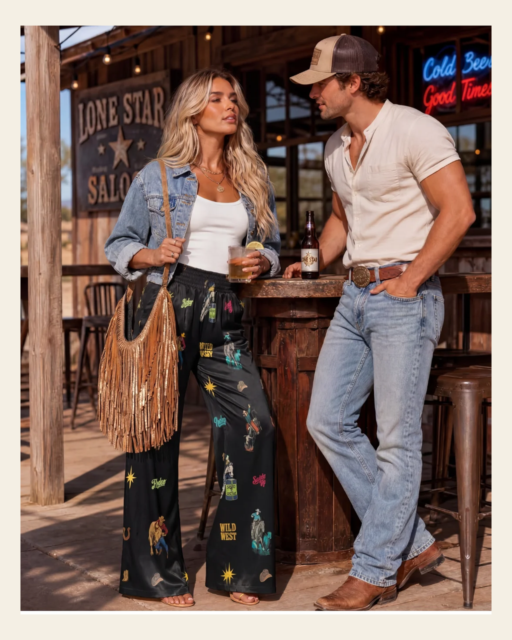 Baha Ranch The Last Roundup Rodeo High Waisted Wide Leg Pants on a warm cream background