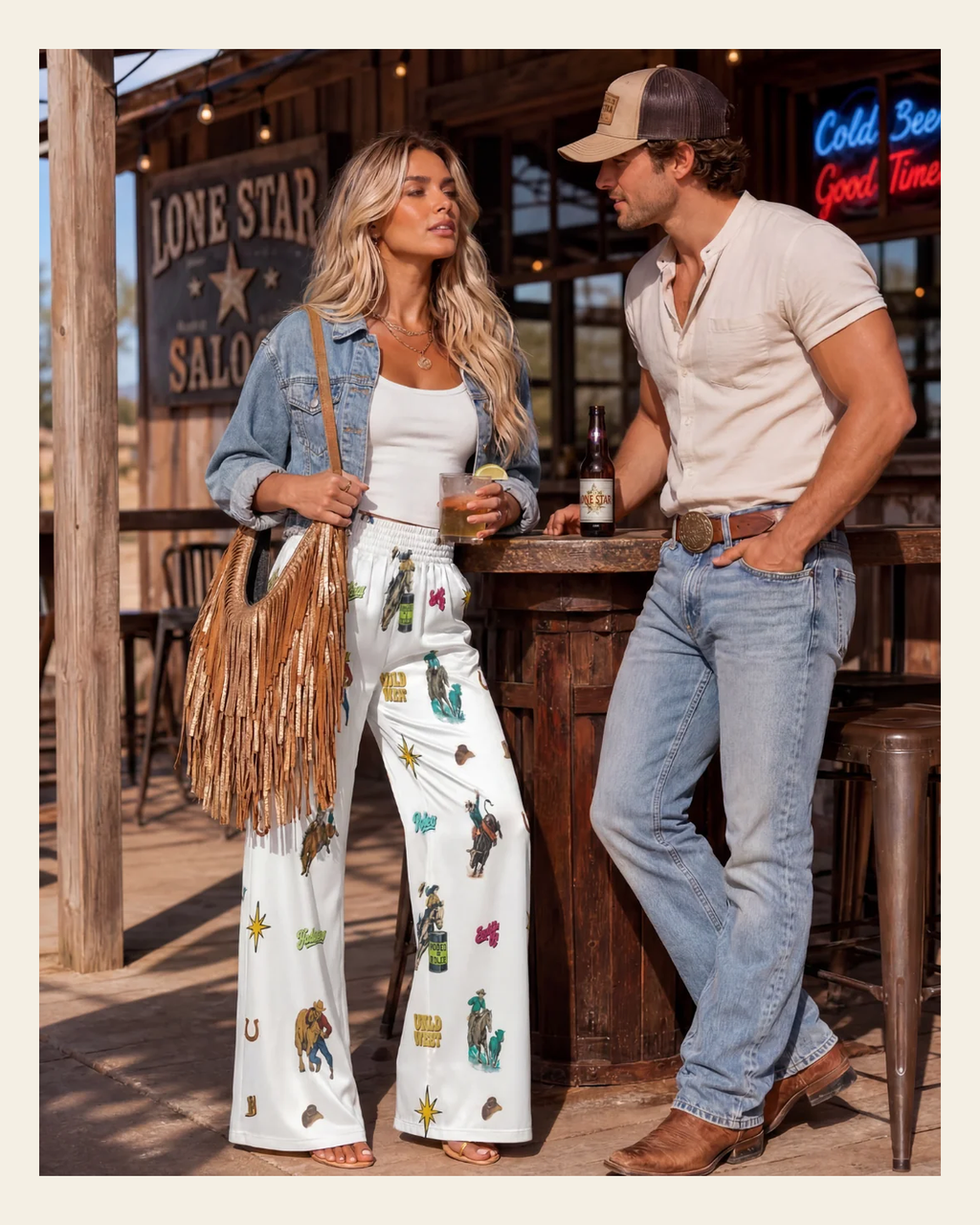 Baha Ranch The Last Roundup Rodeo High Waisted Wide Leg Pants on a warm cream background