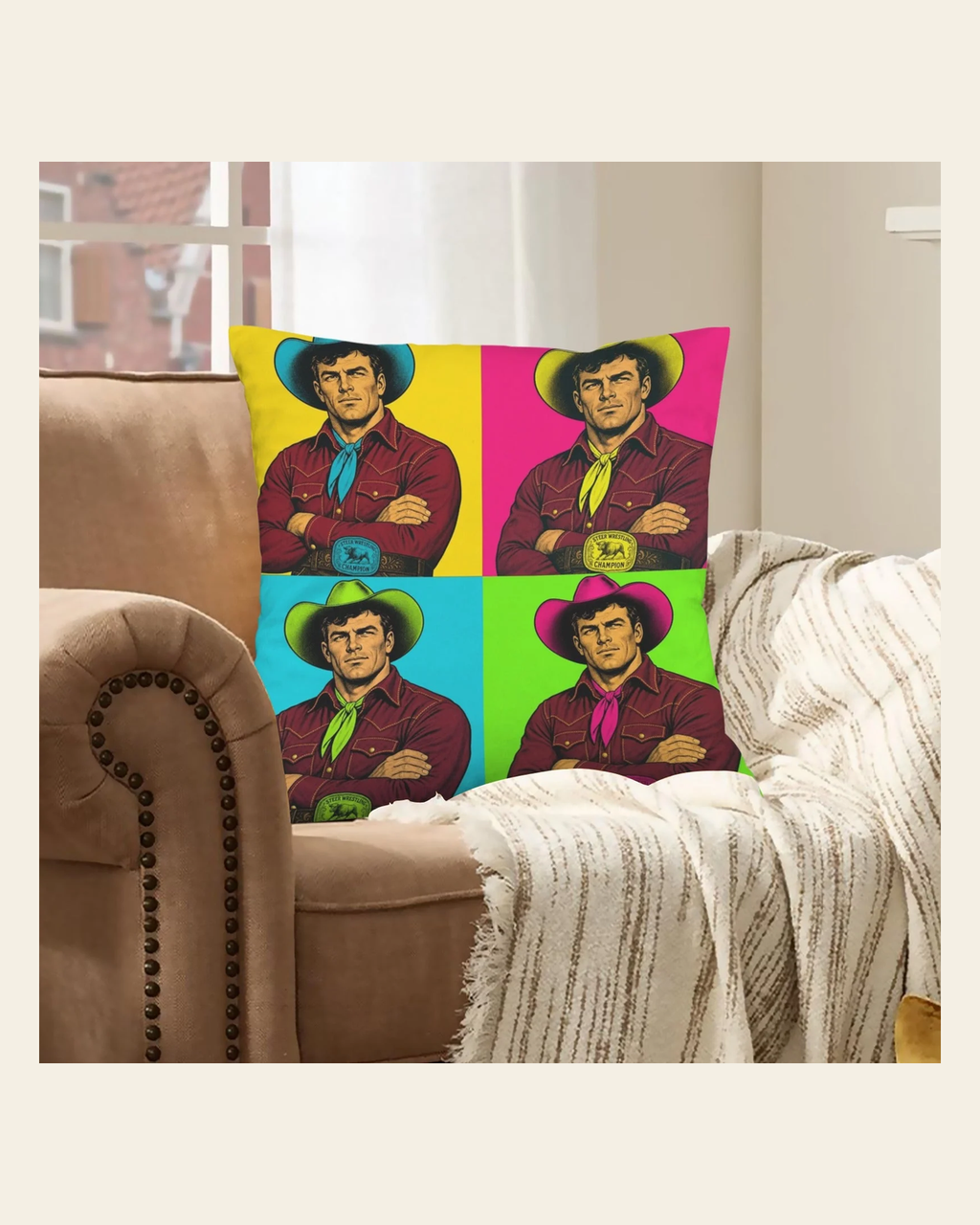 Baha Ranch The Last Roundup Steer Wrestler Collage Velvety Soft Throw Pillow Cover Made in America on a warm cream background
