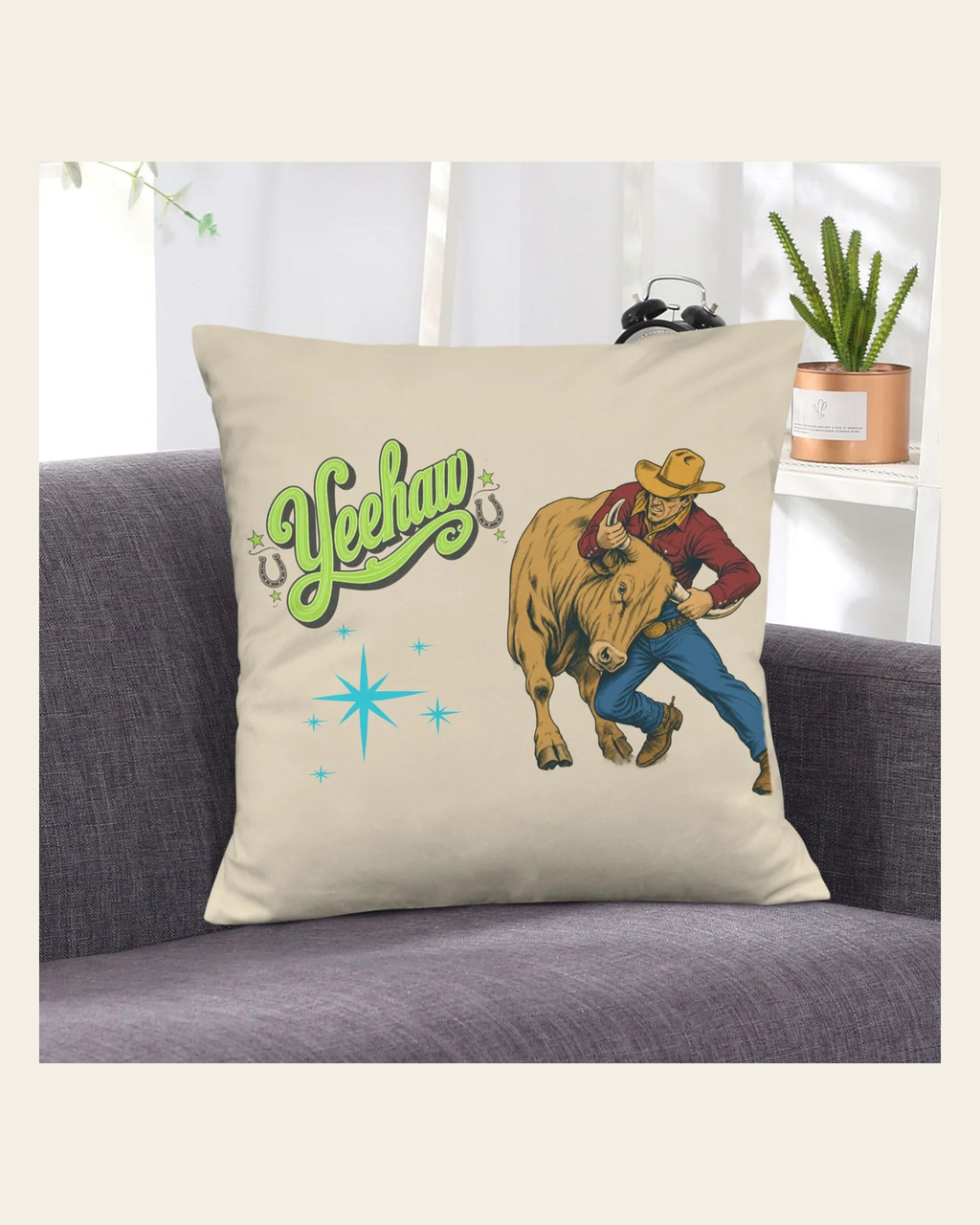 Baha Ranch The Last Roundup Steer Wrestler Velvety Soft Throw Pillow Cover Made in America on a warm cream background