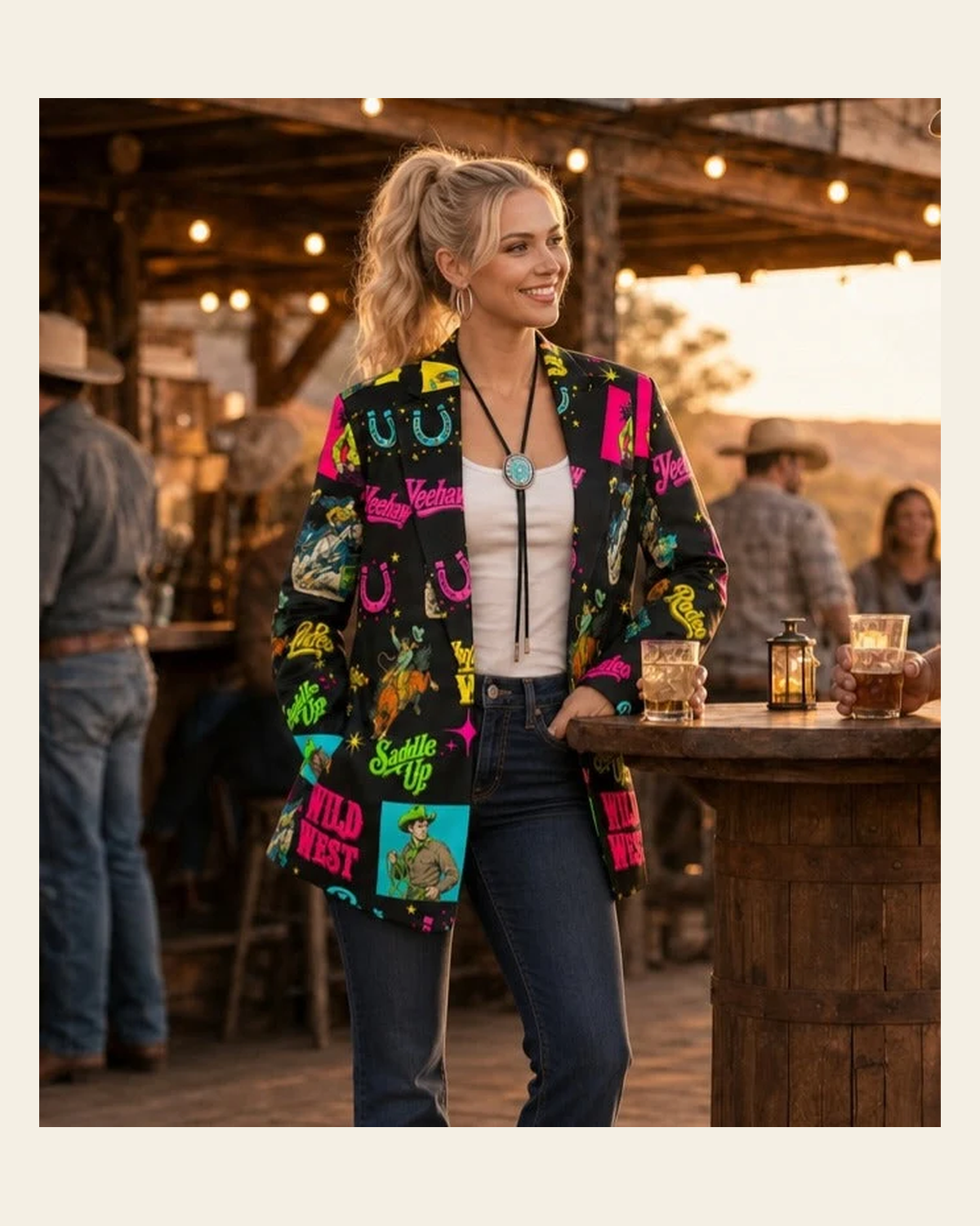 Baha Ranch The Last Roundup Western Blazer in Black on a warm cream background