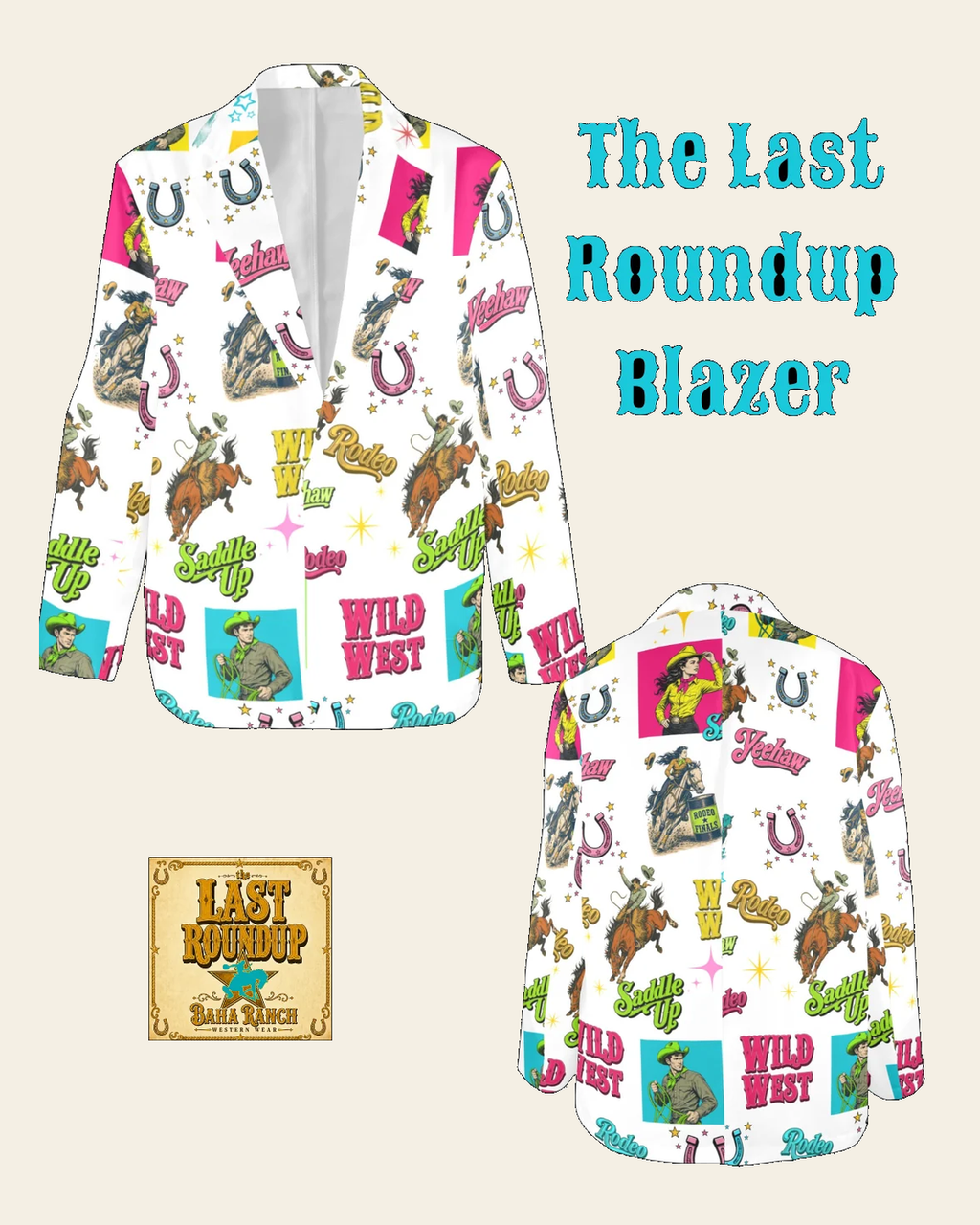 Baha Ranch The Last Roundup Western Rodeo Blazer in White on a warm cream background