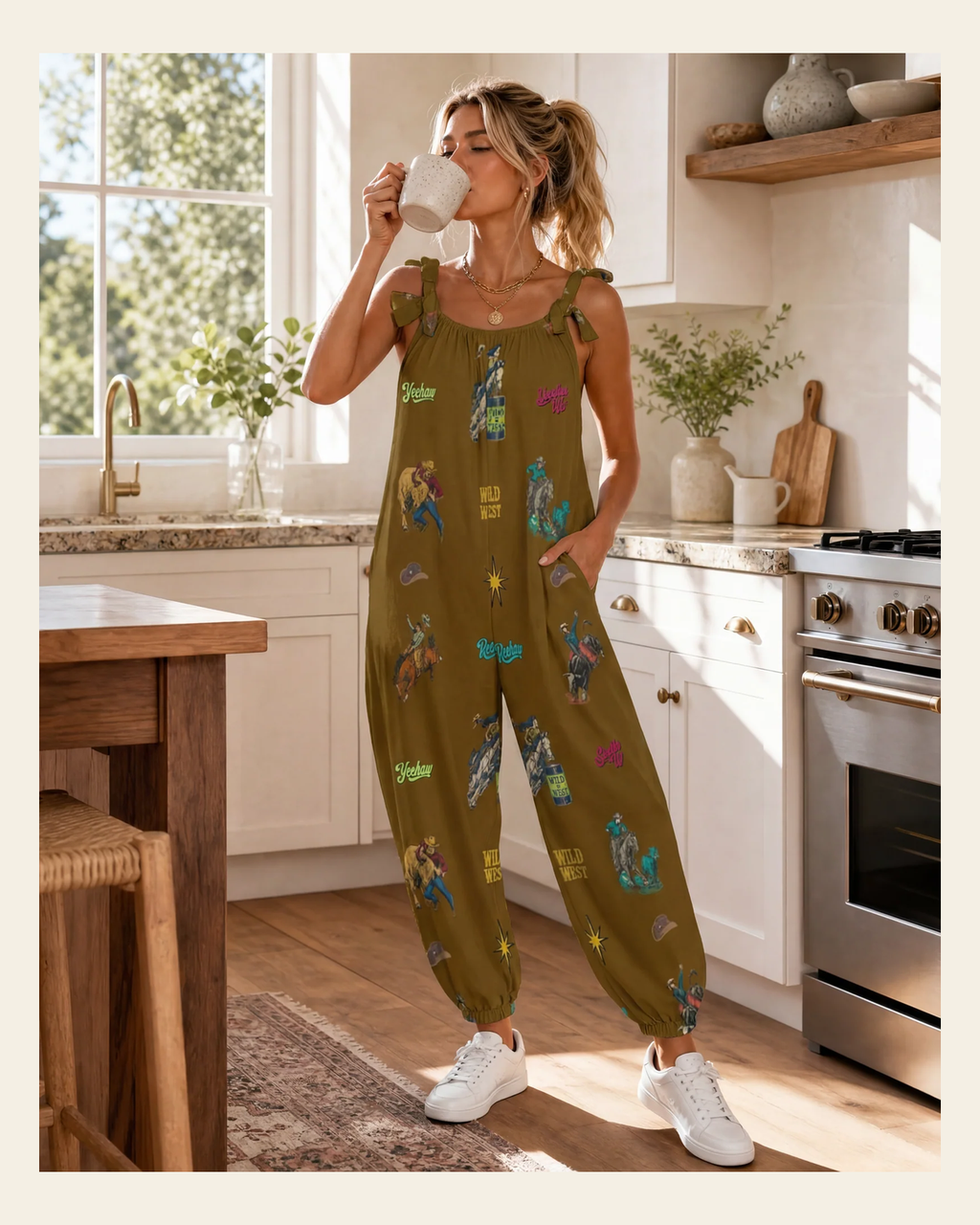 Baha Ranch The Last Roundup Western Rodeo Overalls Jumpsuit Brown on a warm cream background