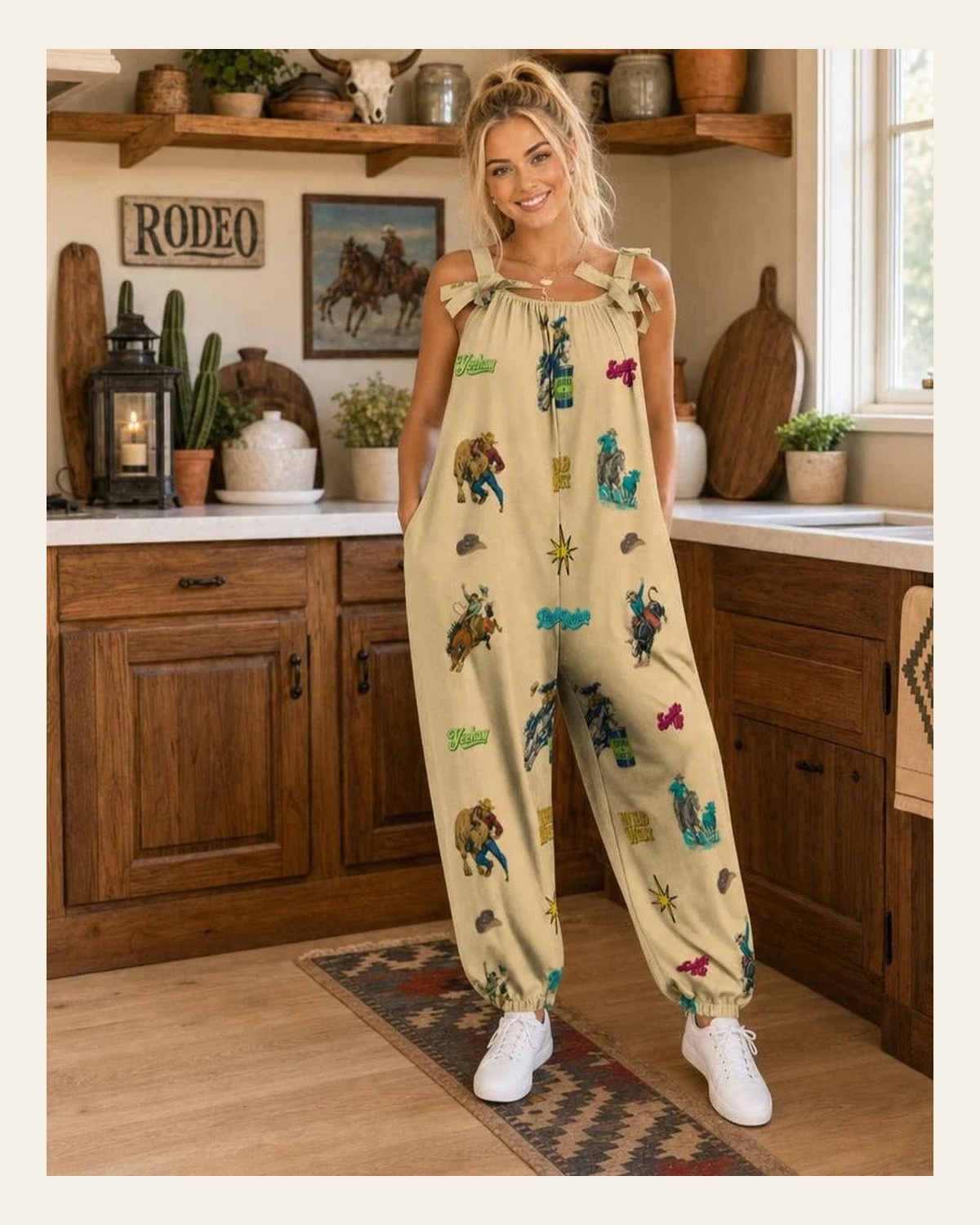 Baha Ranch The Last Roundup Western Rodeo Overalls Jumpsuit - Tan on a warm cream background