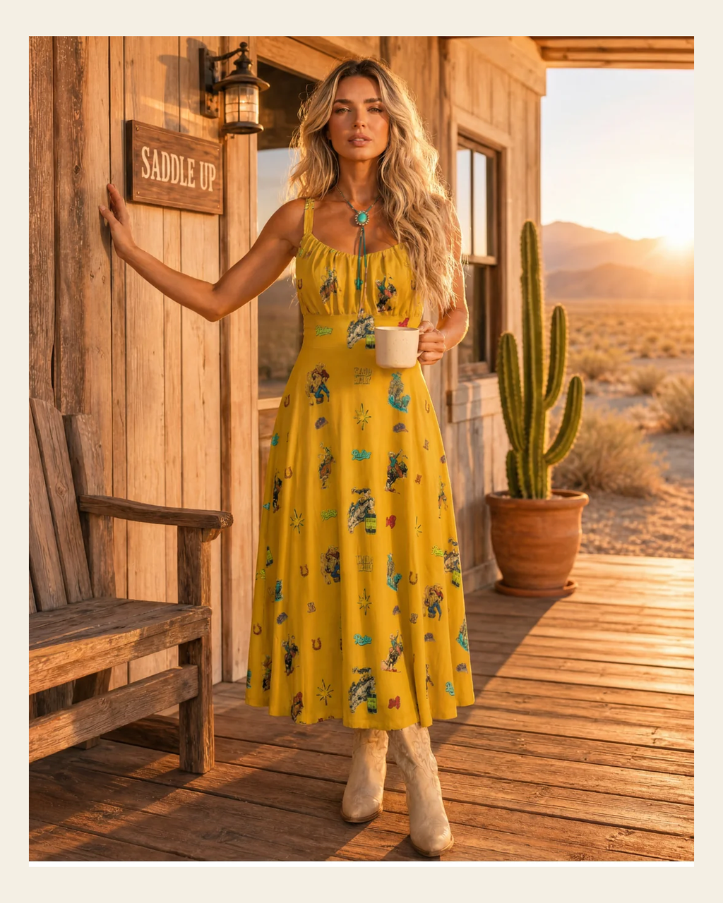 Baha Ranch The Last Roundup Western Rodeo Prairie Dress in Mustard on a warm cream background
