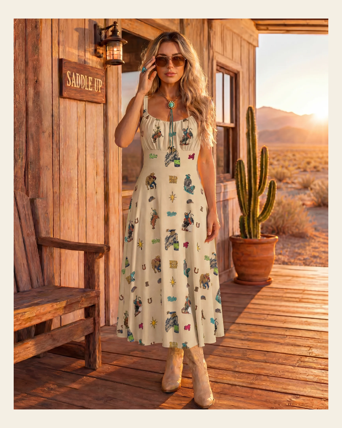 Baha Ranch The Last Roundup Western Rodeo Prairie Dress in Tan on a warm cream background