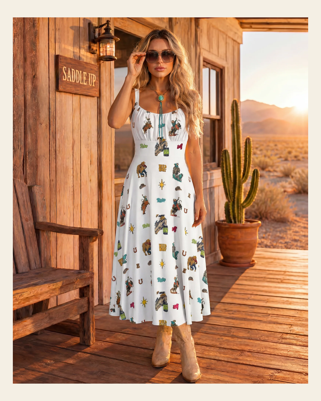 Baha Ranch The Last Roundup Western Rodeo Prairie Dress in White on a warm cream background