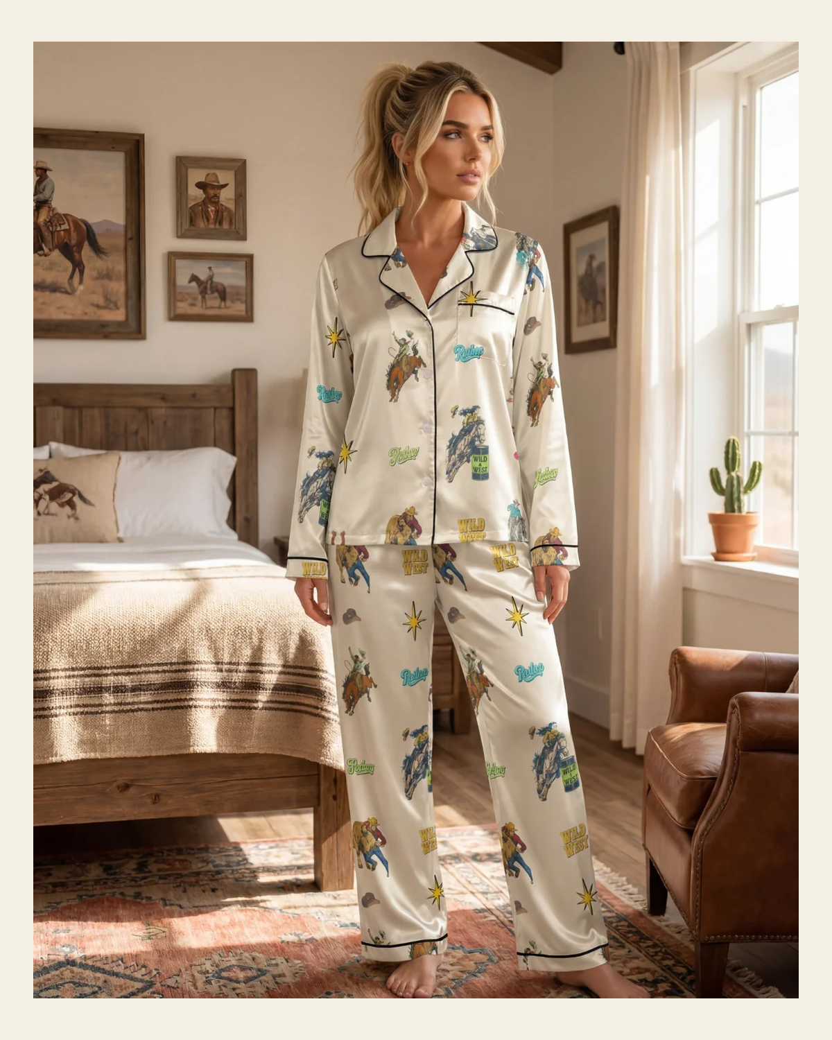 Baha Ranch The Last Roundup Western Rodeo Satin Pajama Set on a warm cream background