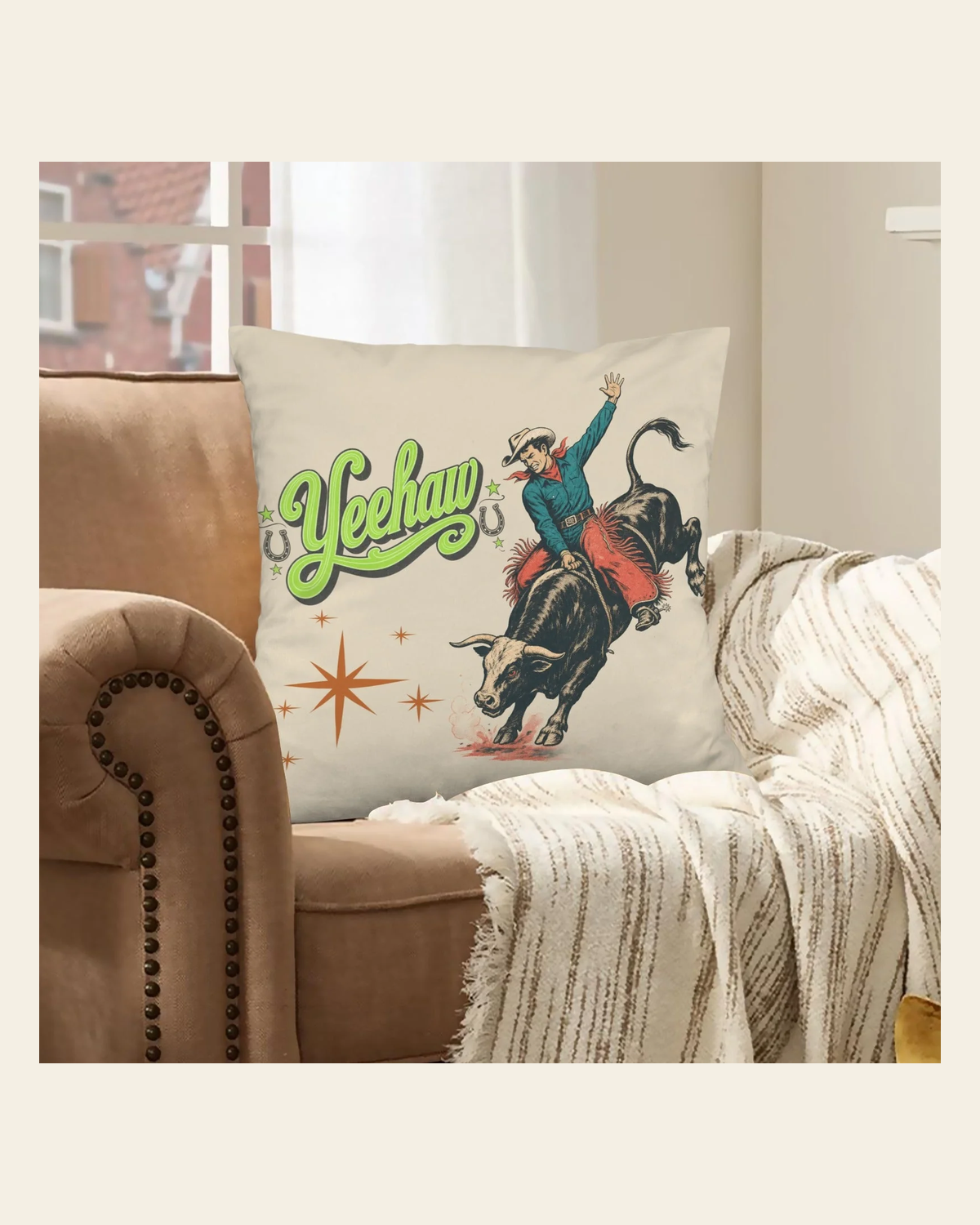 Baha Ranch The Last Roundup Yeehaw Throw Pillow Cover Made in America on a warm cream background