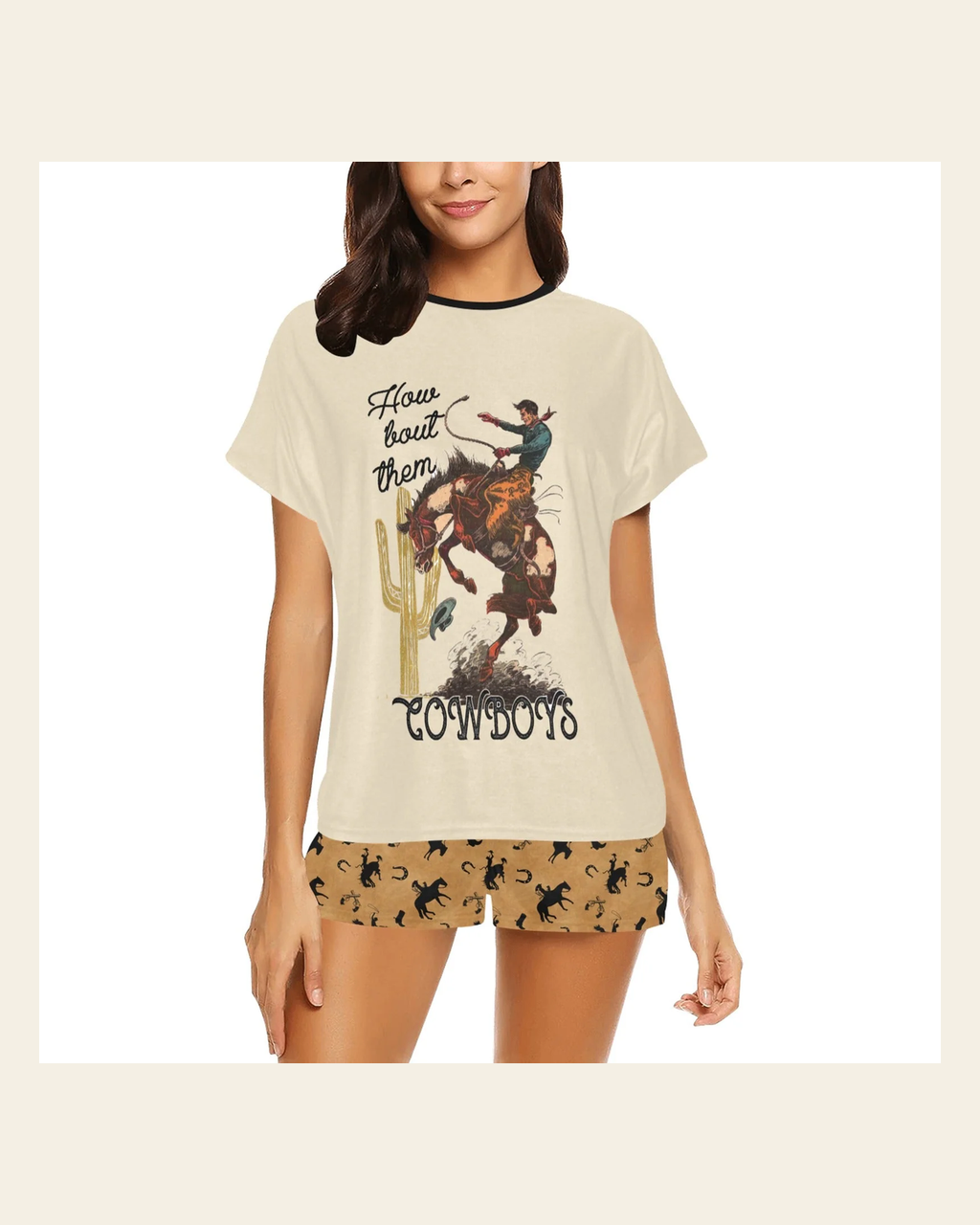 Baha Ranch Them Cowboys Women's Western Top and Short Pajama Set on a warm cream background