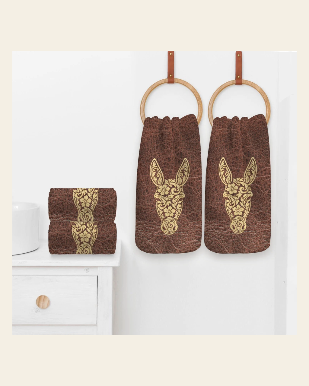 Baha Ranch Tooled Donkey Set of 4 Kitchen Dish Towels Made in America on a warm cream background