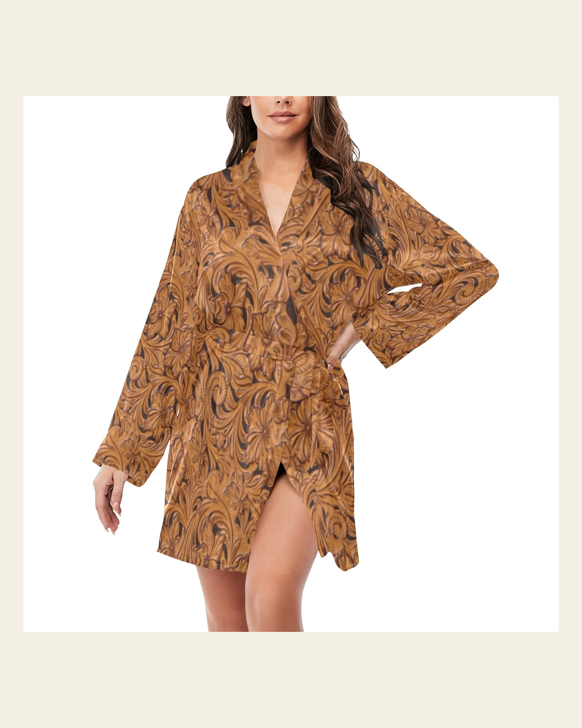 Baha Ranch Tooled Leather Print Bronc Women's Long Sleeve Belted Satin Feel Dressing Lounge Robe on a warm cream background
