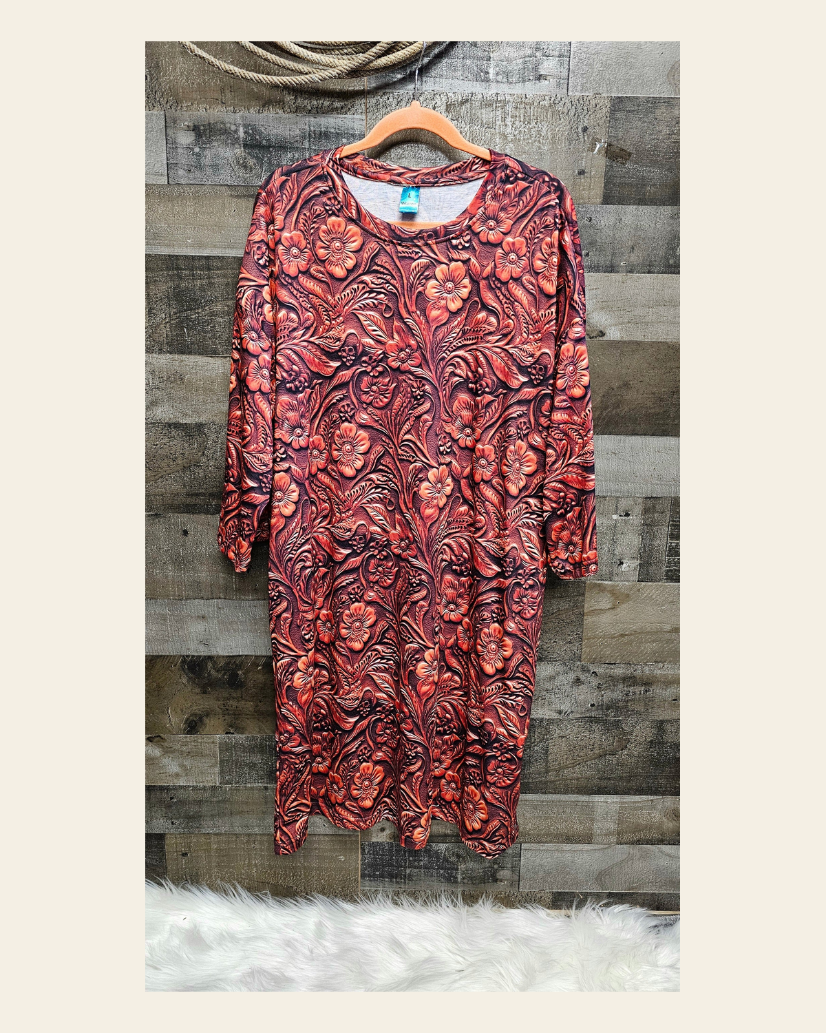 Baha Ranch Tooled Leather Print Oversized Sleep Shirt on a warm cream background