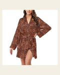 Baha Ranch Tooled Leather Print Women's Long Sleeve Belted Satin Feel Dressing Lounge Robe on a warm cream background