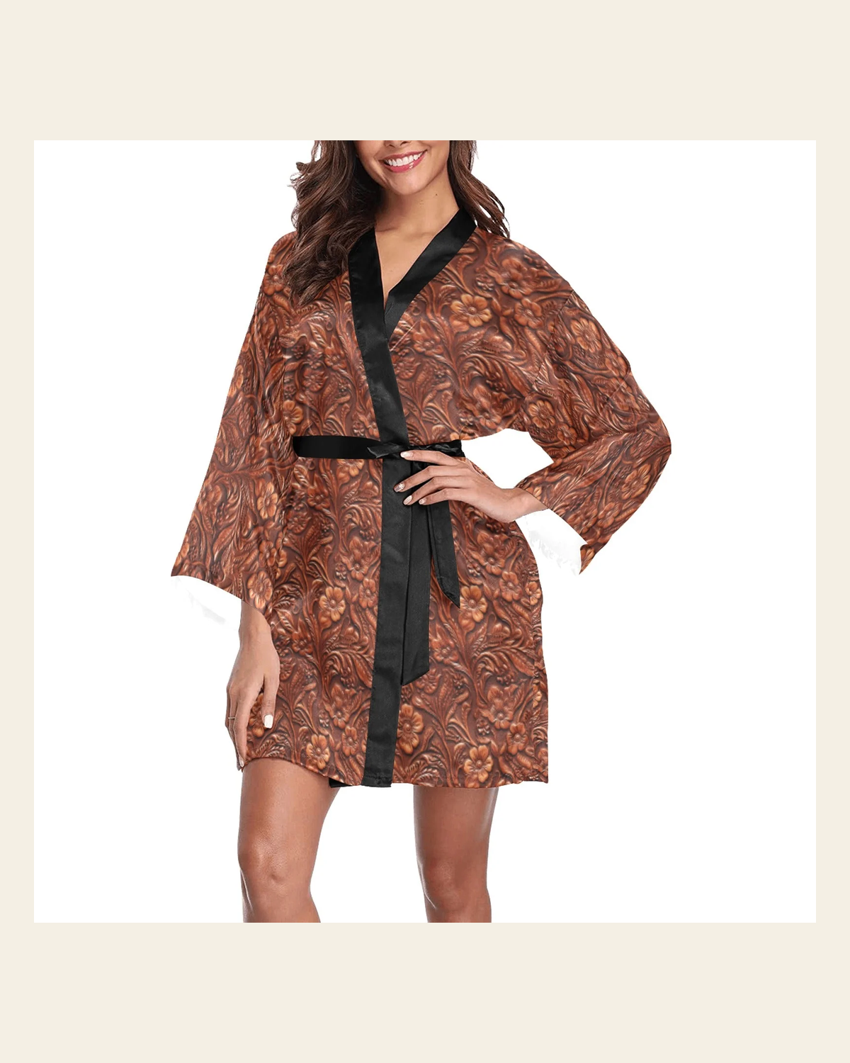 Baha Ranch Tooled Leather Print Women's Lounge Kimono Robe on a warm cream background