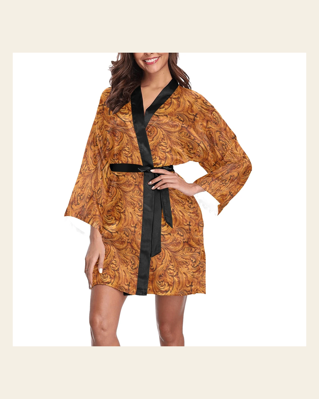 Baha Ranch Tooled Leather Print Women's Lounge Kimono Robe on a warm cream background