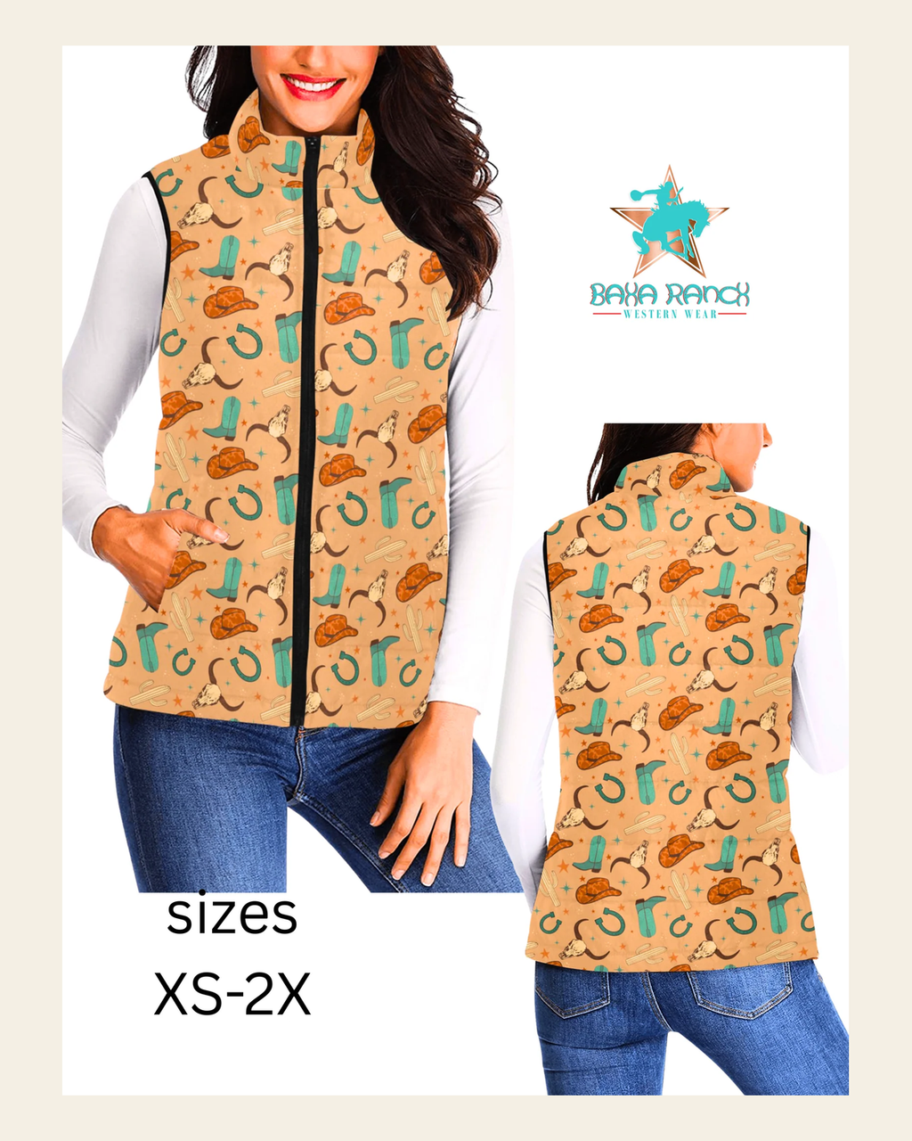 Baha Ranch Totally Western Women's Western Puffy Vest on a warm cream background
