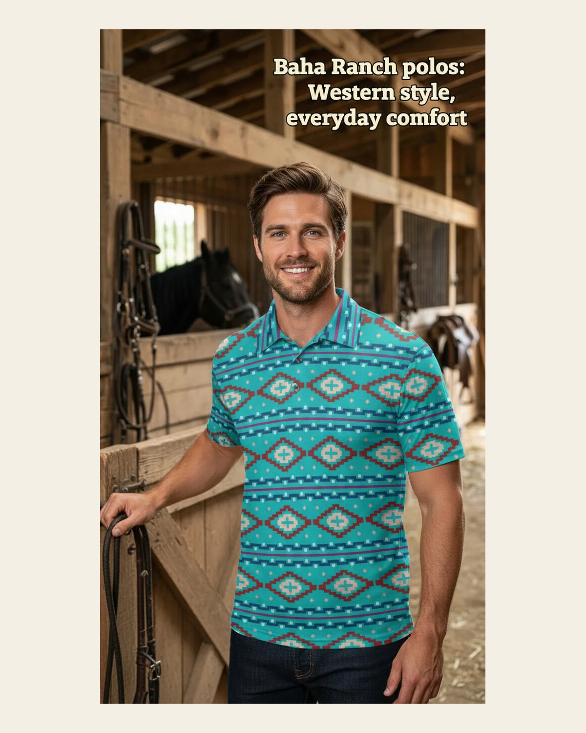 Baha Ranch Turquoise Aztec Polo on a warm cream background