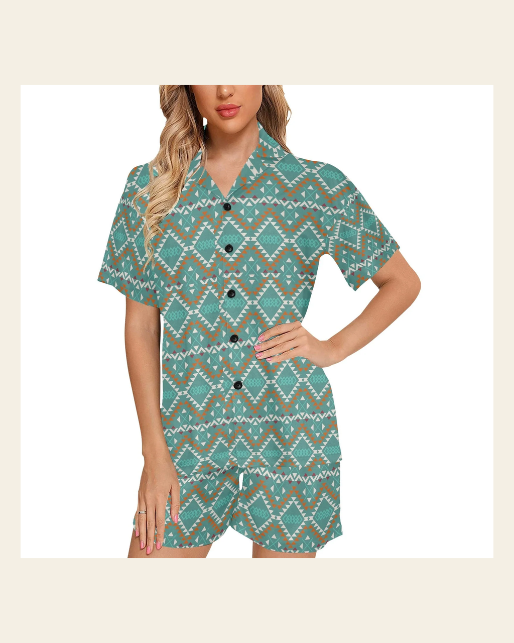 Baha Ranch Turquoise Aztec Western Women's Pajama Set on a warm cream background