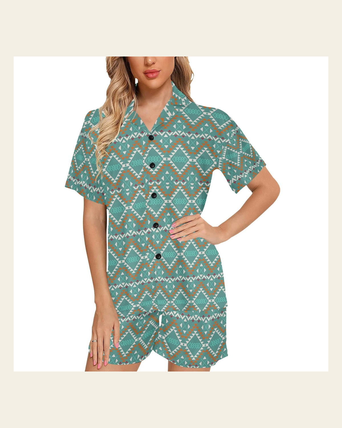 Baha Ranch Turquoise Aztec Western Women's Pajama Set on a warm cream background